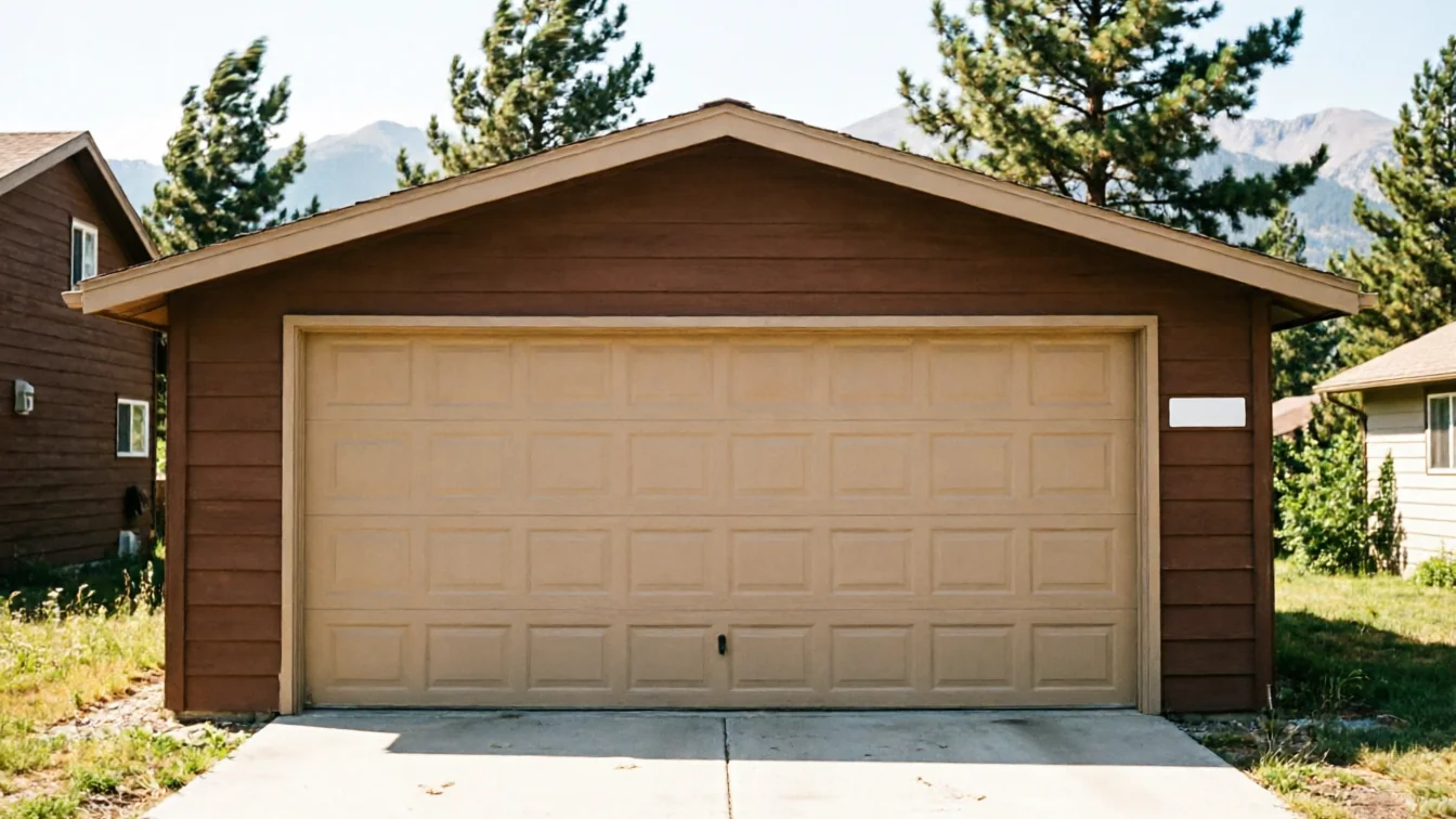 A tan paneled garage door is on a brown garage with a concrete driveway.
