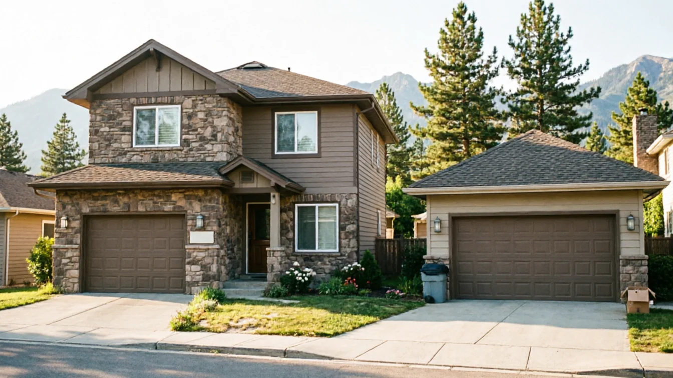 A brown house with stone accents and two brown garage doors sits on a sunny street.